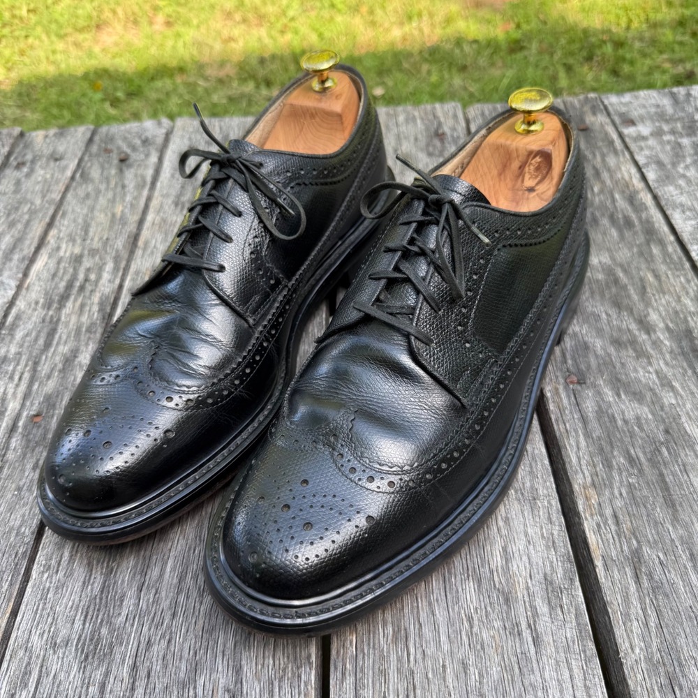 VTG Sears Mens Black Leather Longwing Brogue Derby Shoes 11 D 74608-672 Wingtip